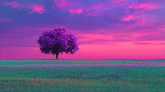 Purple tree in a field under a vibrant pink and purple sky at sunset - Powered by Adobe