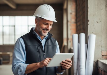 Smiling Construction Worker Using Tablet at Building Site with Blueprints and Hard Hat Checking Progress