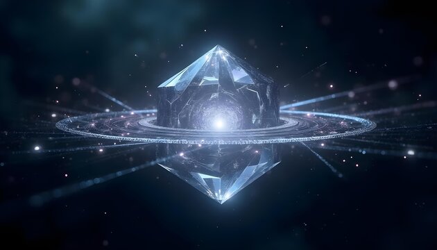 Blue transparent cubic crystal with glowing core and pink energy rings floating in outer space representing quantum time crystal and futuristic physics innovation