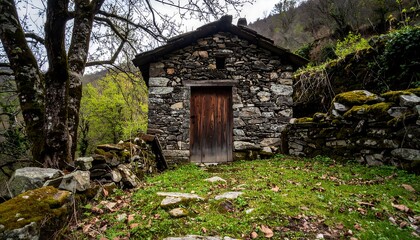 Rustic stone hut nestled in a valley