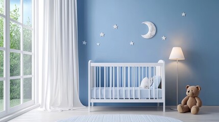 A beautifully arranged nursery features a crib with stuffed animals under a moonlit night sky with twinkling stars, creating a calm atmosphere for restful sleep