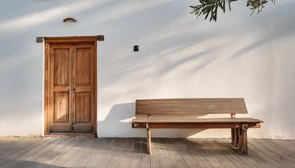 simple wooden bench beside a rustic door against a plain white wall in a serene outdoor space
