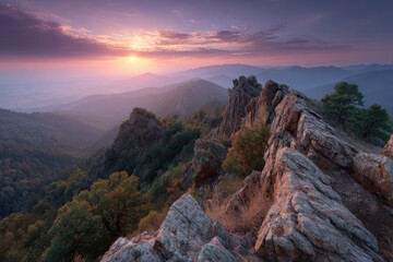 Naklejka premium experience breathtaking beauty of summer sunsets and sunrises in mountains where sky transforms into canvas of deep