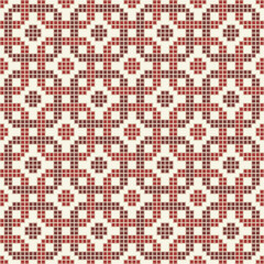 Fototapeta premium Detailed Pixelated Geometric Seamless Pattern with Intricate Red and Cream Design