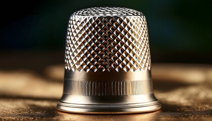 detailed closeup of a metallic thimble with diamond pattern