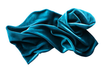 A bright teal velvet cloth caught mid-twist, its rich fibers highlighted against white, casting a flowing shadow