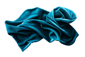 A bright teal velvet cloth caught mid-twist, its rich fibers highlighted against white, casting a flowing shadow