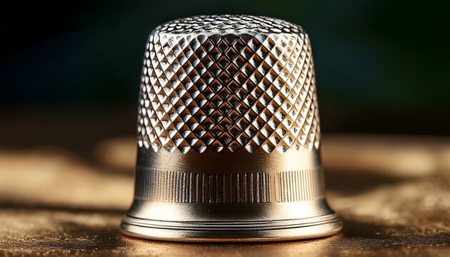 detailed closeup of a metallic thimble with diamond pattern