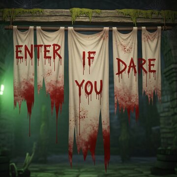 Creepy halloween banners with blood dripping, saying enter if you dare in a dark, scary environment