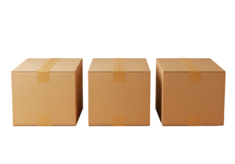 Three cardboard boxes package delivery shipping storage container product brown cube square tape isolated