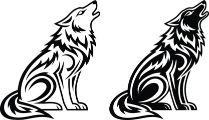 Naklejka premium Howling Wolf Silhouette with Tribal Pattern Design