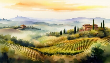 misty morning in tuscan countryside gentle watercolor painting of vineyards and farmhouses