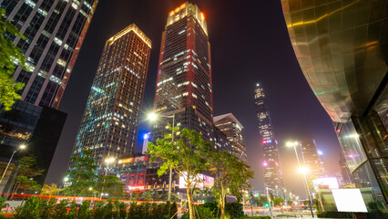 Night View of Modern Skyscrapers in Urban Area