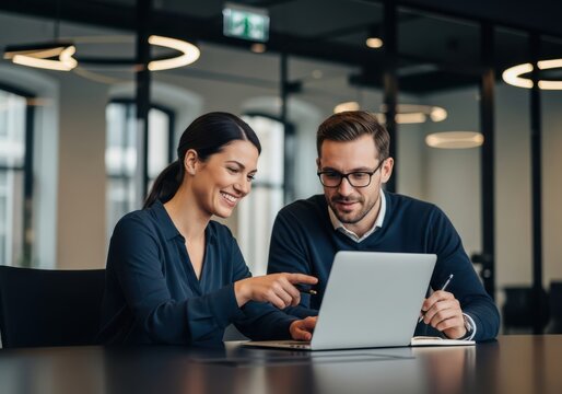 Two Business Colleagues Collaborating on a Laptop in a Modern Office Setting Exuding Professionalism and Teamwork