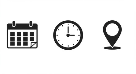 Vector art of calendar, clock, and location pin icons isolated on white background