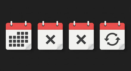 Vector art of calendar icons with cancel, update, and schedule on a dark background