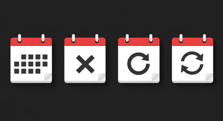 Vector art of calendar icons with cancel, update, and schedule on dark background