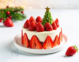 Festive strawberry cake decorated with a miniature Christmas tree and fresh berries on a white plate