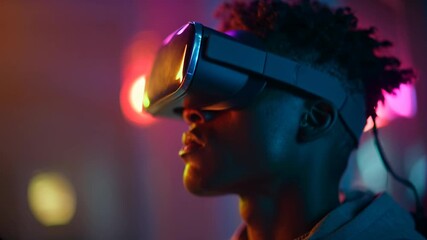 Black man wearing VR goggles immersed in neon lights, experiencing virtual reality with vibrant colors and futuristic vibes in a dark, glowing environment.