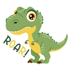 Obraz premium Vector illustration in a childlike style on a white background. A cute terranosaurus with the inscription roar Vector illustration