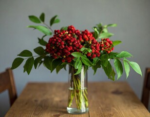 Obraz premium Vibrant red berries arranged in a clear glass vase on a wooden table against a simple backdrop
