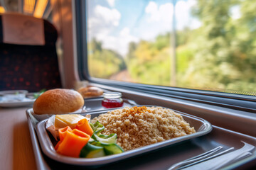 Couscous and Veggie Train Tray Meal with Window View — Neurodivergent-Friendly Food for Peaceful Rail Journeys