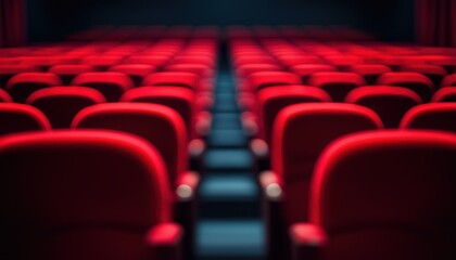 Fototapeta premium Dramatic Atmosphere Created By Blurred Image Of Empty Red Theater Seats In A Dimly Lit Auditorium. Red Cinema Theater Seats Enhance Mystery.