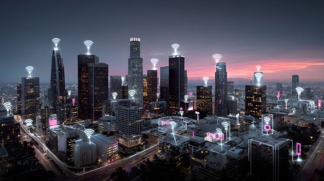 City skyline at dusk with wireless network overlay.
