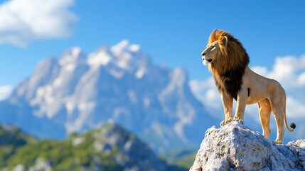 Majestic lion standing on rocky outcrop with stunning mountain backdrop, exuding strength and confidence in vibrant landscape