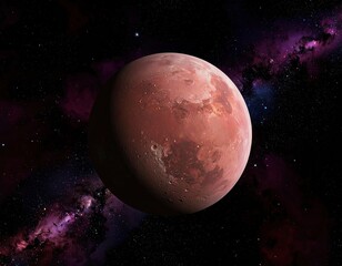 Red planet floating in a vast cosmic landscape filled with vibrant colors and distant stars