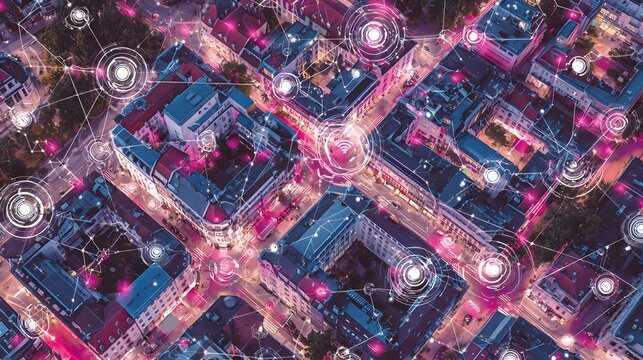 Urban cityscape at night, overlaid with a network of interconnected data points. - Powered by Adobe