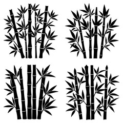 Obraz premium Four groupings of black bamboo stalks with leaves in a graphic illustration design element set on white