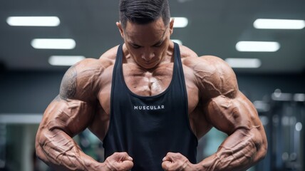 Powerful Muscular Bodybuilder Flexing His Arms in a Gym, Wearing a Black Tank Top with 'Muscular' Text, Showcasing Strength and Dedication, Ideal for Fitness, Bodybuilding, and Athletic Themes