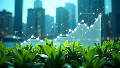 Green plants with a growth chart overlayed, symbolizing sustainable business growth in an urban environment