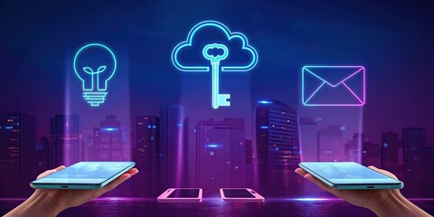 Hands holding smartphones displaying digital icons of a lightbulb key and envelope over a futuristic city skyline