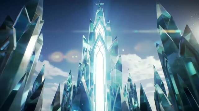 Majestic ice castle rising above the clouds in a winter wonderland fantasy landscape, perfect for fairy tales and magical storybooks