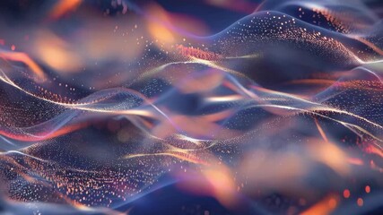 Abstract digital illustration of flowing particle waves with orange and blue tones - Powered by Adobe