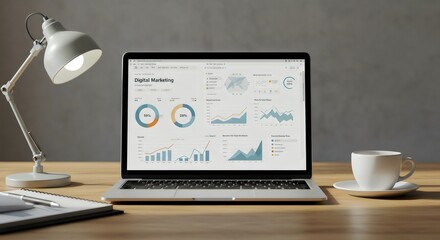 A laptop displaying a digital marketing dashboard with various charts and data visualizations, representing business analytics, strategy, and online performance