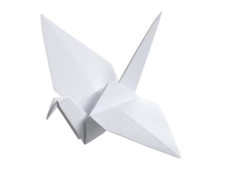 White Origami Bird in Mid-Flight Pose with Slight Tilt, Isolated