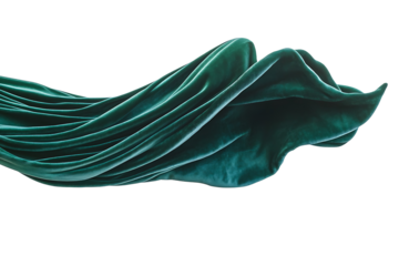 A deep emerald green velvet cloth floating mid-air, its folds soft and fluid, casting gentle shadows on a white background. 