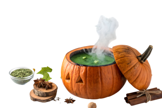 Half pumpkin turned into a witch’s cauldron with green potion