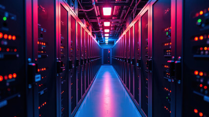 High tech data center with illuminated server racks, showcasing vibrant colors and advanced technology. atmosphere feels futuristic and dynamic