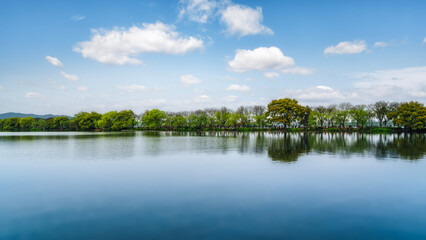 Calm Blue Lake with Lush Green Trees Under Clear Sky