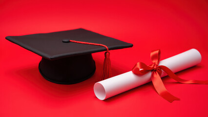 Graduation cap, diploma, red ribbon, academic achievement, education celebration, black hat