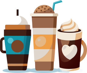 Hot and cold coffee beverage. Different types of drinks set. Espresso, americano cup, cappuccino and latte in paper mug, iced macchiato in glass. Flat vector illustrations isolated on white background