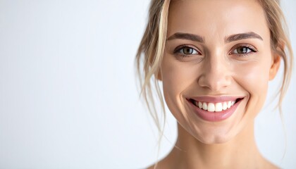 Smiling woman, gentle and wistful look.