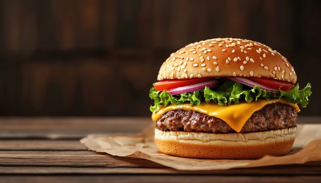 Juicy Beef Patty Cheeseburger With Fresh Lettuce, Onion, Tomato, And Sesame Seed Bun On Wooden Tabletop With Copy Space And Brown Paper.