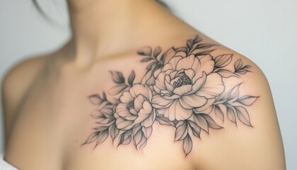Woman'S Shoulder Adorned With Stunning Floral Tattoos: A Beautiful Display Of Shoulder Floral Art On A Woman'S Body.