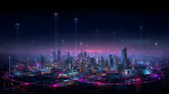 Aerial view of a modern city at night with digital network overlay.