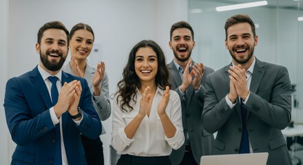 A diverse and happy business team, dressed in professional attire, enthusiastically clapping and smiling in a modern office environment, celebration, success, teamwork, and achievement